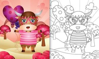 coloring book for kids with a cute buffalo holding balloon for valentine's day vector