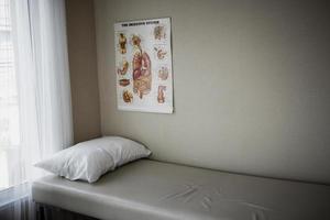 Image of Patient's bed and diagnostic equipment in the hospital emergency department. photo