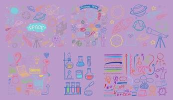 conjunto de objetos coloridos y símbolos dibujados a mano doodle sobre fondo púrpura vector