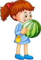 Una niña sosteniendo un personaje de dibujos animados de frutas de sandía aislado sobre fondo blanco. vector