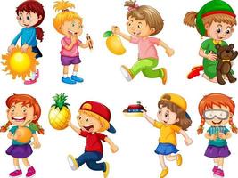 Set of different kid playing with their toys cartoon character isolated on white background vector