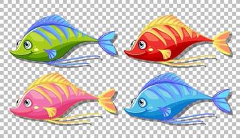 Set of many funny fishes cartoon character isolated on transparent background vector