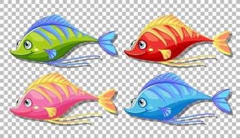 Set of many funny fishes cartoon character isolated on transparent background vector