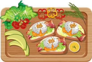 Top view of breakfast set in a cutting board isolated vector