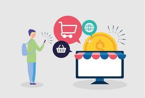 Online shopping concept with a person and computer vector