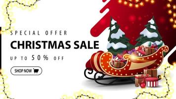 Special offer, Christmas sale, up to 50 off, red and white discount web banner with liquid abstract shape on background, garland frame and Santa Sleigh with pile of presents vector