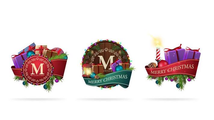 Set of Christmas stickers made of ribbons decorated with Christmas elements isolated on white background