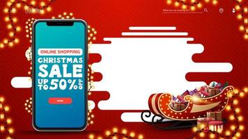 compras en línea, rebajas navideñas, hasta 50 de descuento, plantilla de descuento rojo con teléfono inteligente con oferta y botón en pantalla, espacio de copia y trineo de santa con regalos vector