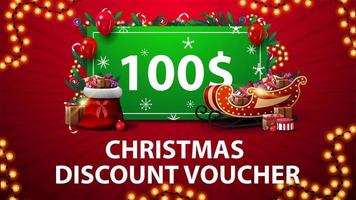 Christmas Discount Voucher with Santa Sleigh and bag with presents, garland frame and green offer decorated with presents