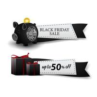 Black Friday sale, two web banners ribbon form with piggy bank and gifts vector