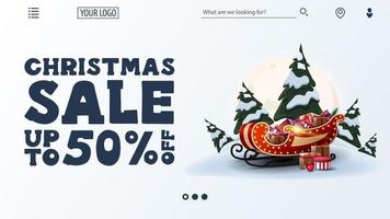 Christmas sale, up to 50 off, white discount web banner with large offer, navigation of website and Santa Sleigh with presents vector