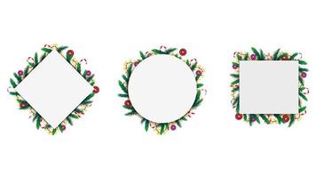 Set of geometric frames made of Christmas tree branches and garlands isolated on a white background. vector