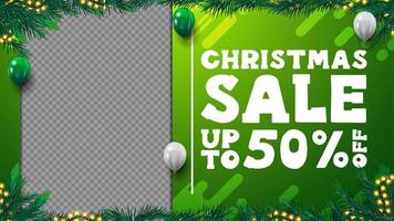 Green Christmas discount blank template for your creativity with frame of Christmas tree branches, garland, copy space and flying balloons vector