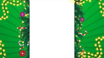 Christmas template with white large blank stripe in the middle decorated with Christmas tree branches, candy canes and garlands vector