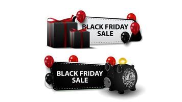 Black Friday sale, two horizontal discounts banners with piggy bank, balloons and gifts isolated on white background for your arts vector