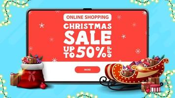 Online Shopping, Christmas sale, up to 50 off, discount banner with large tablet with offer and button on screen and Santa Claus sleigh and bag with presents vector