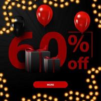 Black Friday sale, up to 60 off, discount banner with large numbers, gifts and balloons vector