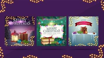 Christmas greeting square postcards with Christmas presents, garlands and Christmas decorations vector