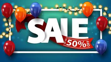 Sale, up to 50 off, blue discount banner with large letters, red ribbon, garland and balloons vector