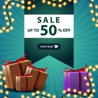 Sale, up to 50 off, square green discount banner with big bookmark and gift boxes vector