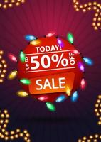 Today, sale, up to 50 off, round red banner with colorful garland vector