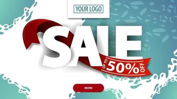 Sale, up to 50 off, white and blue discount banner with large letters and red ribbon vector