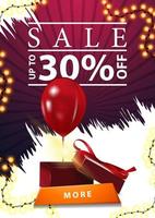 Sale, up to 30 off, vertical white and red web banner with gift box and balloon vector