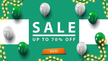 Sale, up to 70 off, discount green banner with button vector