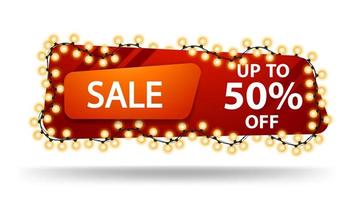 Sale, up to 50 off, horizontal red discount banner with garland isolated on white background vector