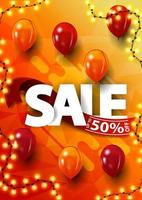 Sale, up to 50 off, vertical orange banner with large letters, red ribbon and balloons vector