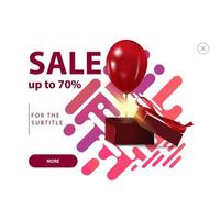 Sale, up to 70 off, modern color banner with gift box and balloon isolated on white background vector