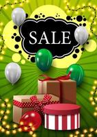 Vertical green discount banner with ballons, garland and gifts vector