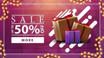 Sale, up to 50 off, pink horizontal discount banner with garland and gift boxes vector