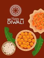 happy diwali celebration with menu and lettering vector