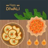 feliz celebración de diwali con tres velas y comida en la mesa vector