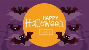 happy halloween celebration card with bats flying vector