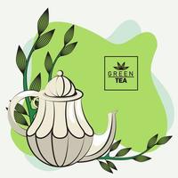 cartel de letras de té verde con tetera y hoja vector