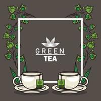 green tea lettering poster with teacups and leaves in square frame vector