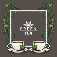 green tea lettering poster with teacups and leaves in square frame vector