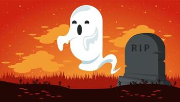 happy halloween celebration card with ghost in cemetery vector