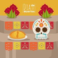 dia de los muertos poster with skull head and food vector