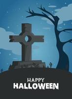 happy halloween celebration card with cemetery tomb vector