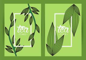 tea time lettering poster with leaf frames vector