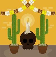 cartel del dia de los muertos con calavera y cactus vector