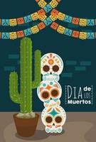 cartel del dia de los muertos con cabezas calaveras y cactus vector