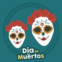 dia de los muertos poster with katrina skulls and floral crowns vector