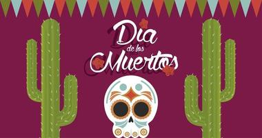 cartel del dia de los muertos con cabeza calavera y cactus vector