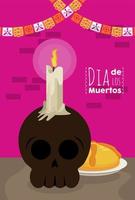 cartel del dia de los muertos con calavera y guirnaldas vector