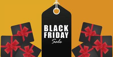 black friday sale banner with tag hanging and gifts vector