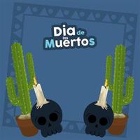 cartel del dia de los muertos con calaveras y cactus vector